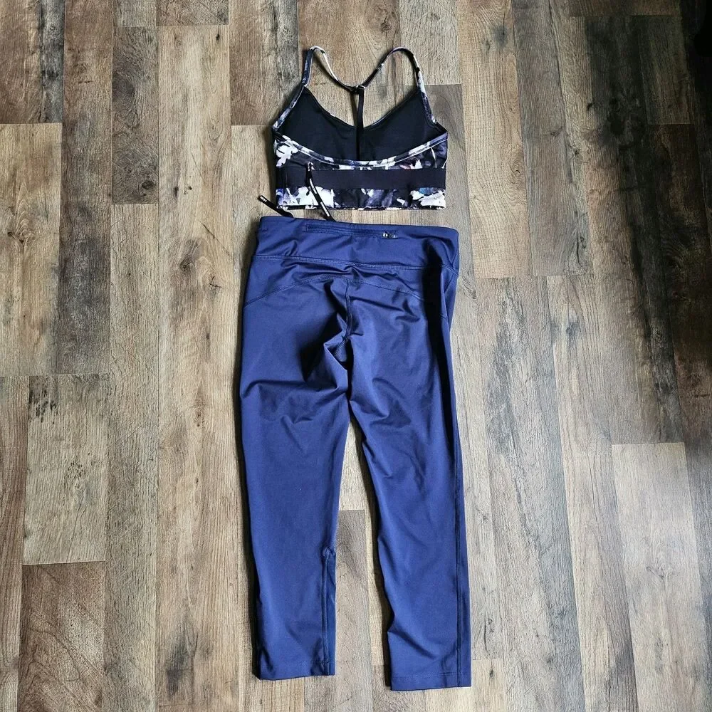 Nike Dri-Fit Set Floral Indy Sports Bra Dark Blue Running Crop Leggings Small